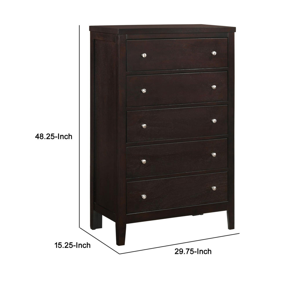 Benjara Con 48 Inch Tall 5 Drawer Dresser Chest, Silver Knobs, Cappuccino Brown