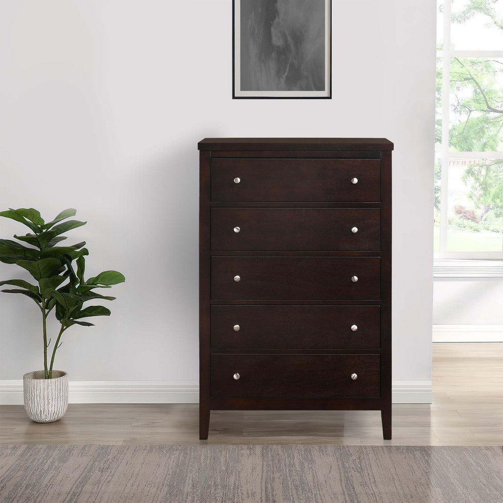 Benjara Con 48 Inch Tall 5 Drawer Dresser Chest, Silver Knobs, Cappuccino Brown