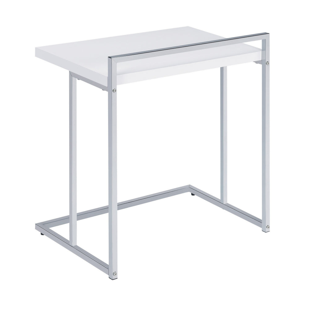 Benjara Dey 27 Inch Modern C Side Table, Gloss White Wood Top, Chrome Metal Base