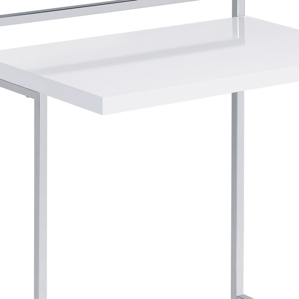 Benjara Dey 27 Inch Modern C Side Table, Gloss White Wood Top, Chrome Metal Base