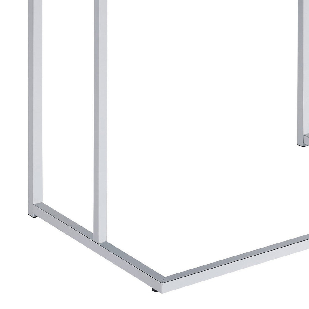 Benjara Dey 27 Inch Modern C Side Table, Gloss White Wood Top, Chrome Metal Base