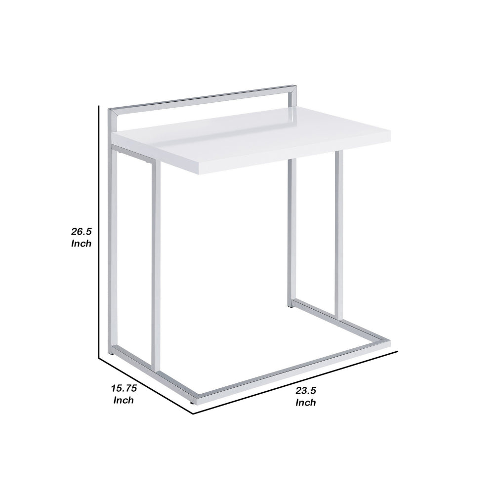 Benjara Dey 27 Inch Modern C Side Table, Gloss White Wood Top, Chrome Metal Base
