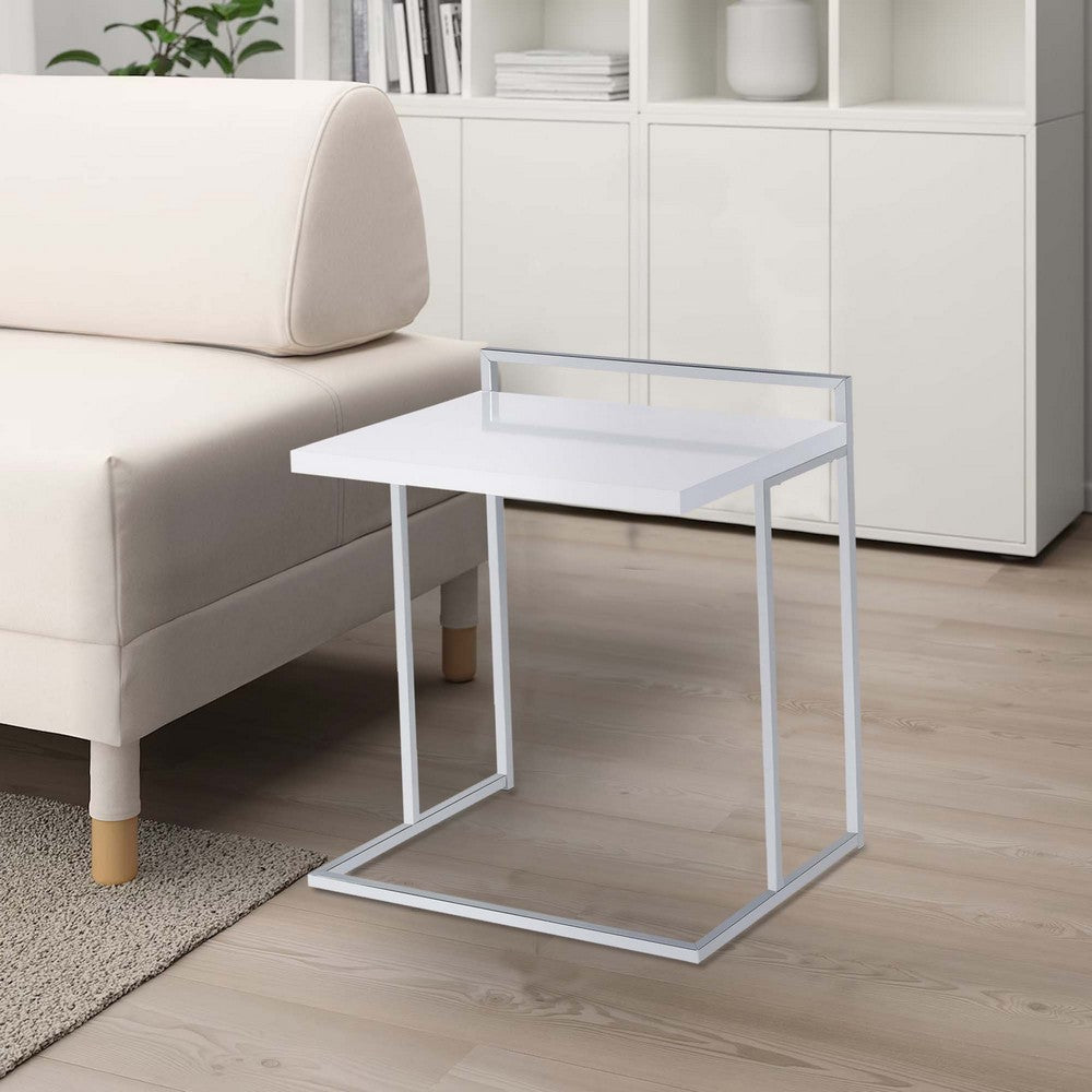 Benjara Dey 27 Inch Modern C Side Table, Gloss White Wood Top, Chrome Metal Base