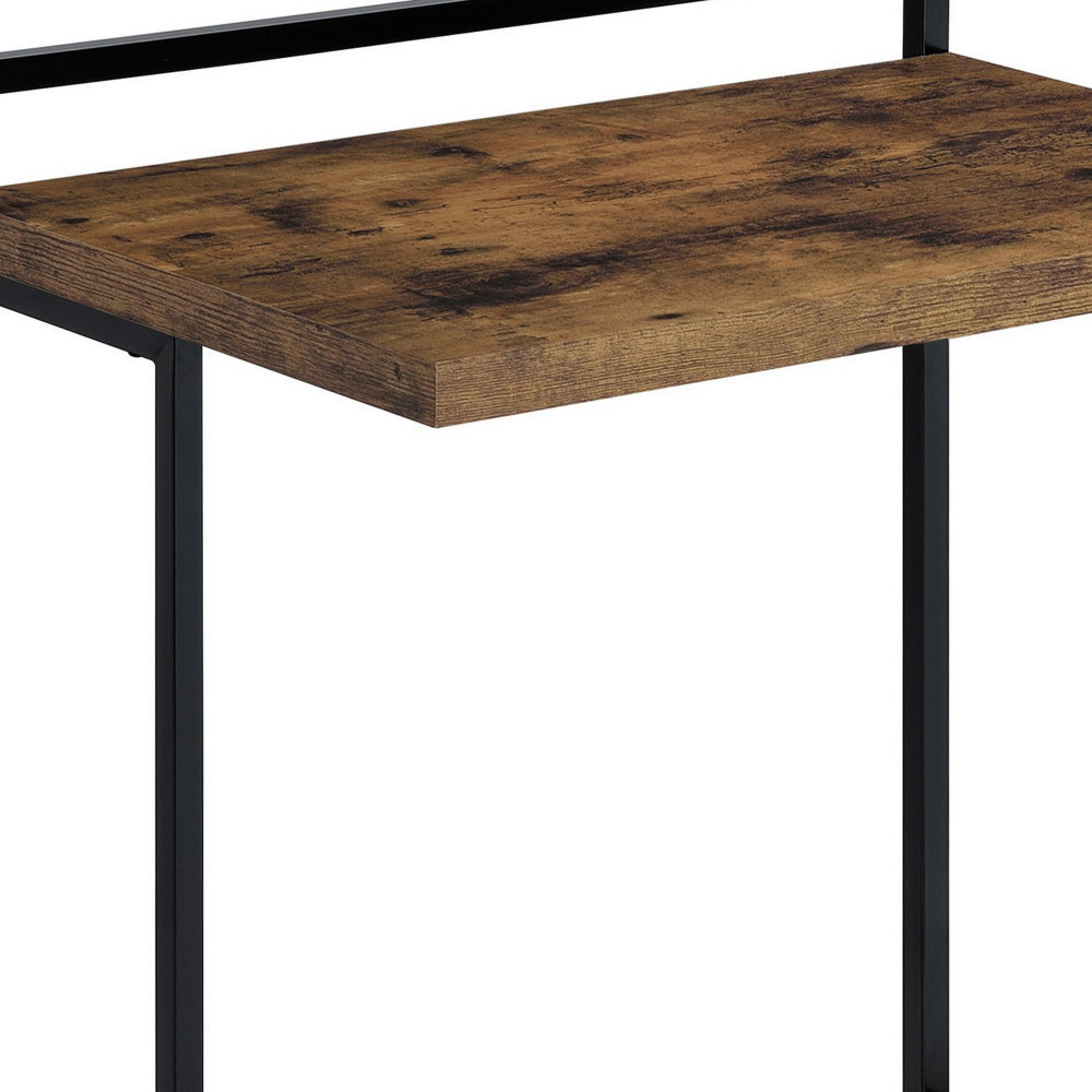 Benjara Dey 27 Inch C Shape Side End Table, Nutmeg Brown Top, Matte Black Base