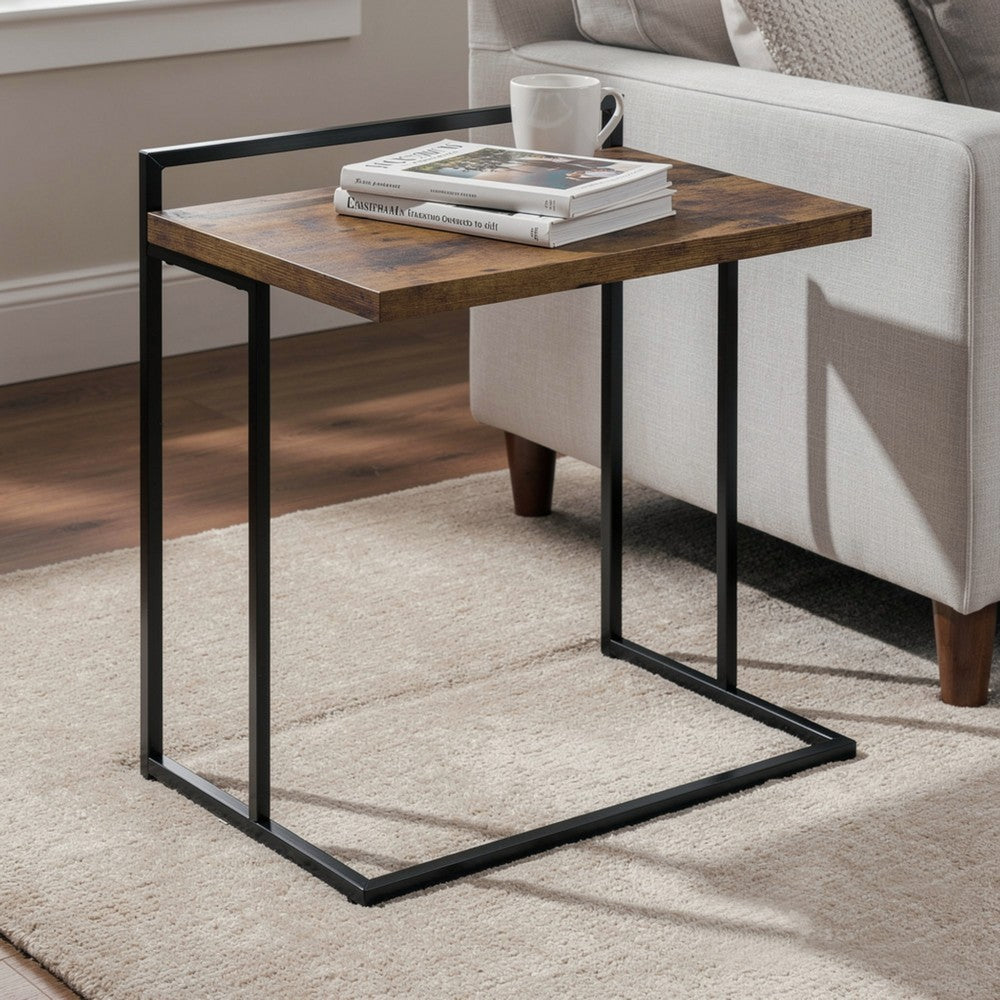 Benjara Dey 27 Inch C Shape Side End Table, Nutmeg Brown Top, Matte Black Base