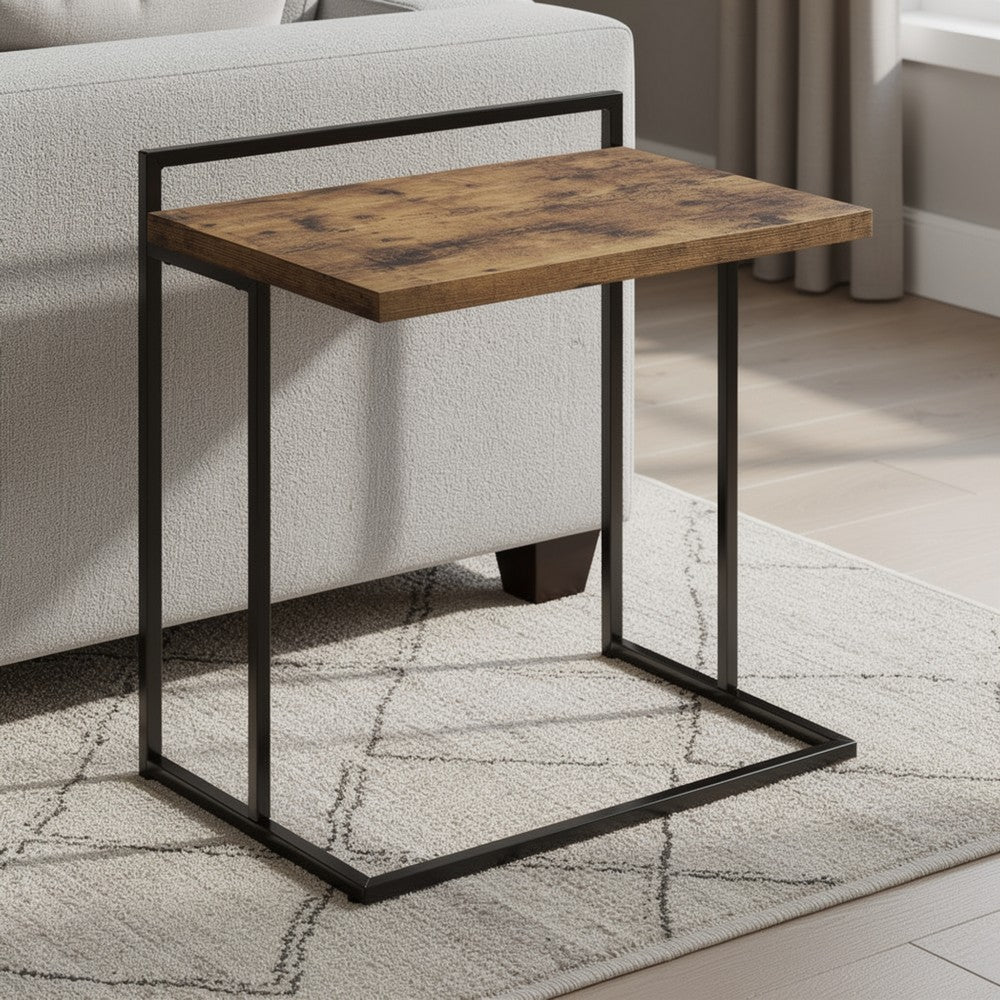 Benjara Dey 27 Inch C Shape Side End Table, Nutmeg Brown Top, Matte Black Base
