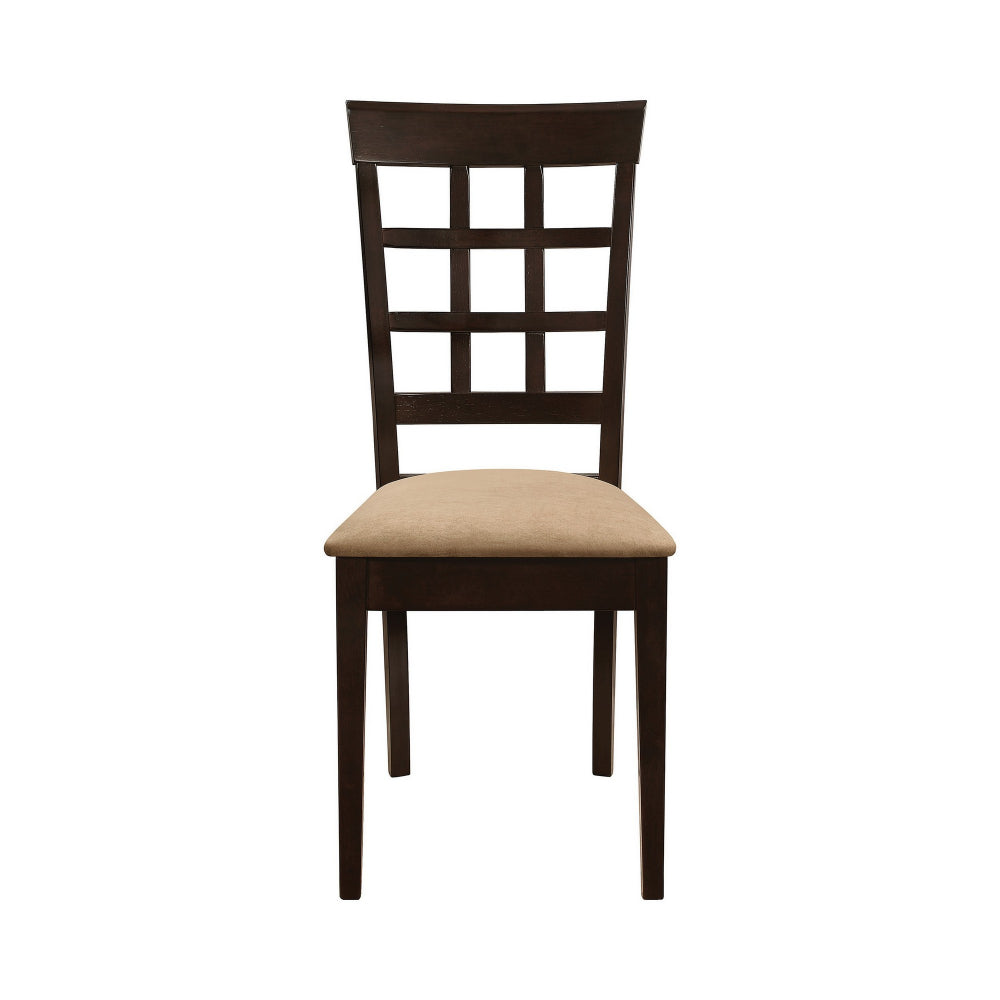 Benjara 17 Inch Side Dining Chair, Set of 2, Lattice Back Brown Wood, Tan Fabric