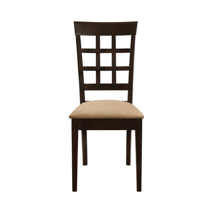 Benjara 17 Inch Side Dining Chair, Set of 2, Lattice Back Brown Wood, Tan Fabric