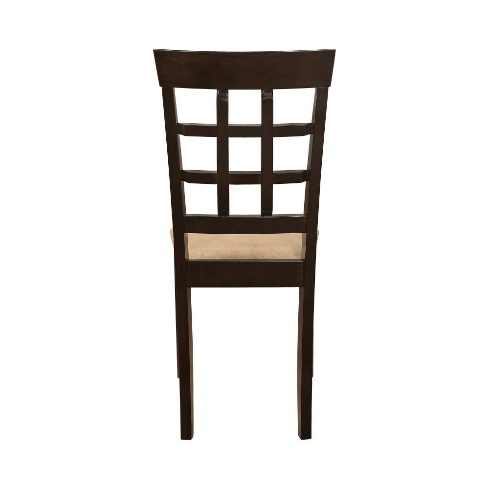 Benjara 17 Inch Side Dining Chair, Set of 2, Lattice Back Brown Wood, Tan Fabric