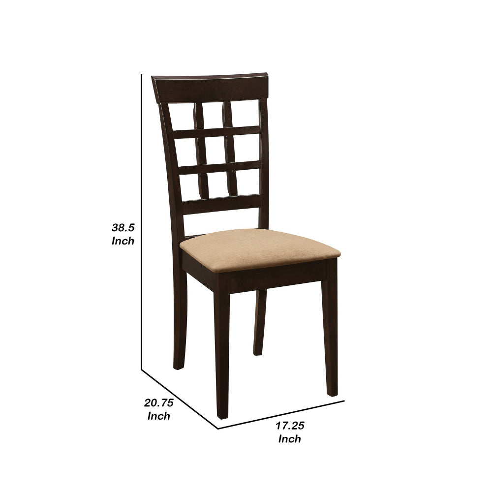 Benjara 17 Inch Side Dining Chair, Set of 2, Lattice Back Brown Wood, Tan Fabric