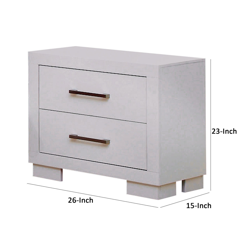 Benjara Bela 26 Inch 2 Drawer Nightstand, Felt Lined, Silver Handles, Crisp White