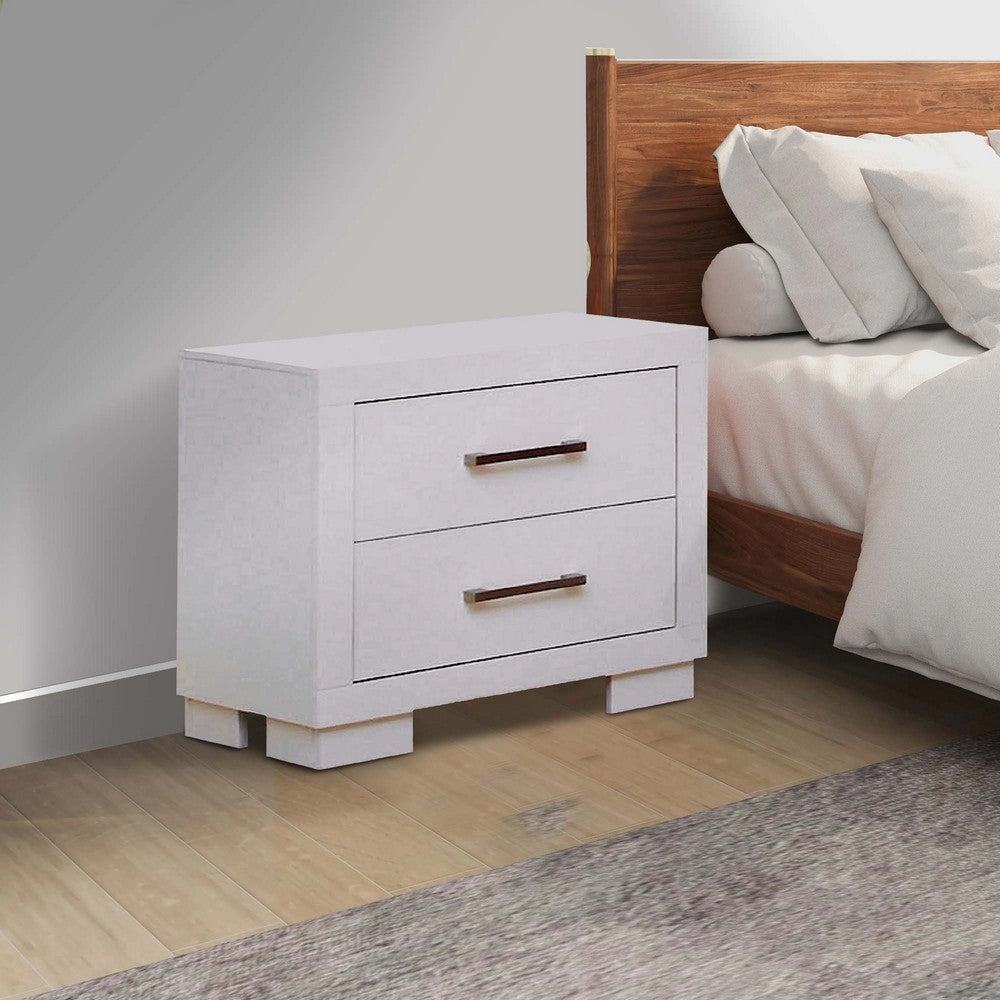 Benjara Bela 26 Inch 2 Drawer Nightstand, Felt Lined, Silver Handles, Crisp White