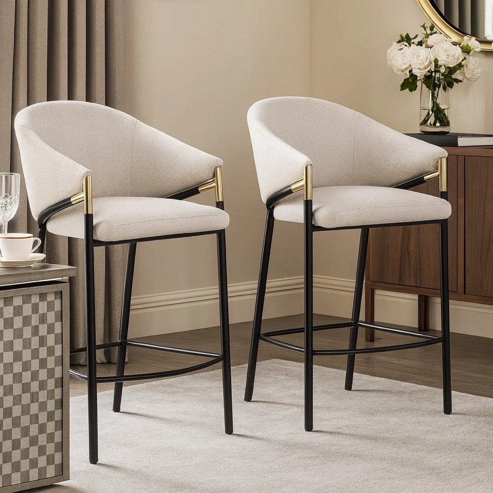 Benjara Fil 27 Inch Counter Height Stools, Set of 2, Padded Curved Back, Beige Linen