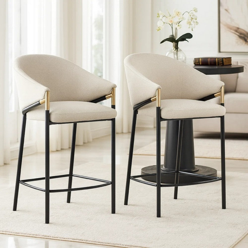 Benjara Fil 27 Inch Counter Height Stools, Set of 2, Padded Curved Back, Beige Linen