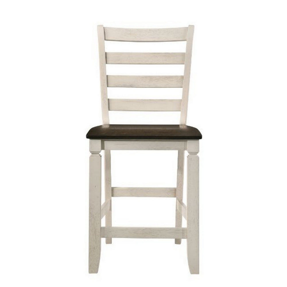 Benjara 24 Inch Counter Height Stool, Smooth Tan Cushion, Antique White Wood Frame