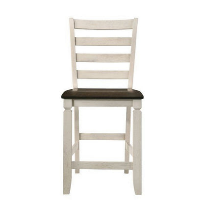 Benjara 24 Inch Counter Height Stool, Smooth Tan Cushion, Antique White Wood Frame