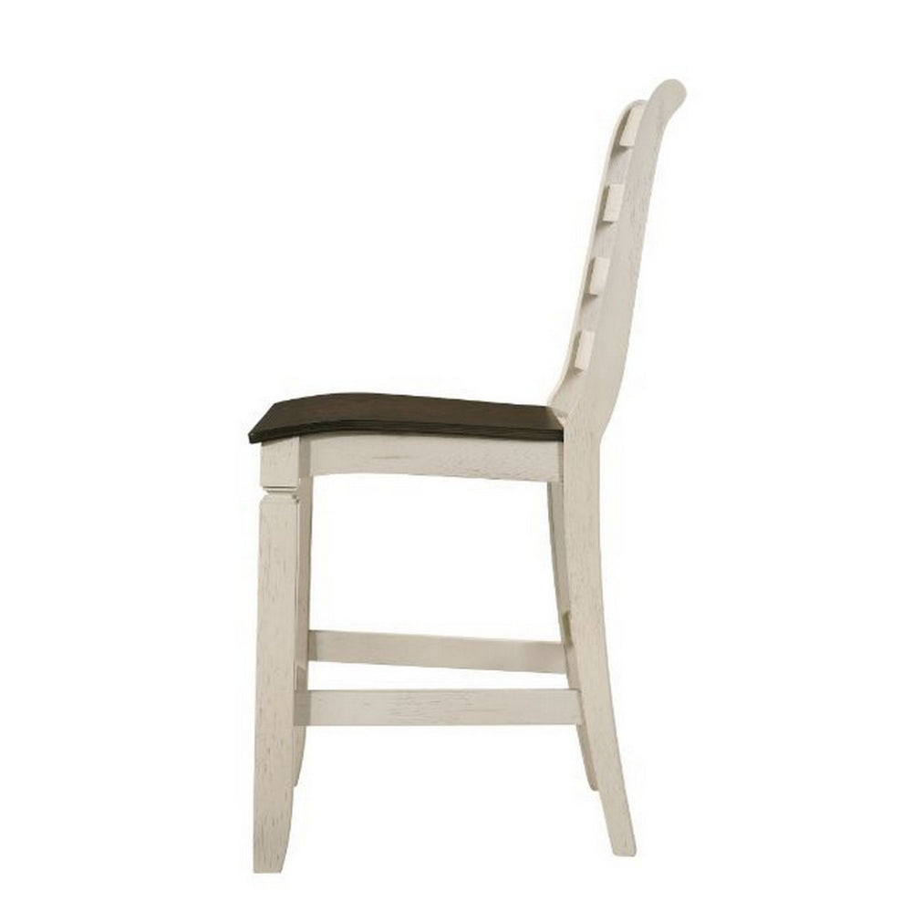 Benjara 24 Inch Counter Height Stool, Smooth Tan Cushion, Antique White Wood Frame