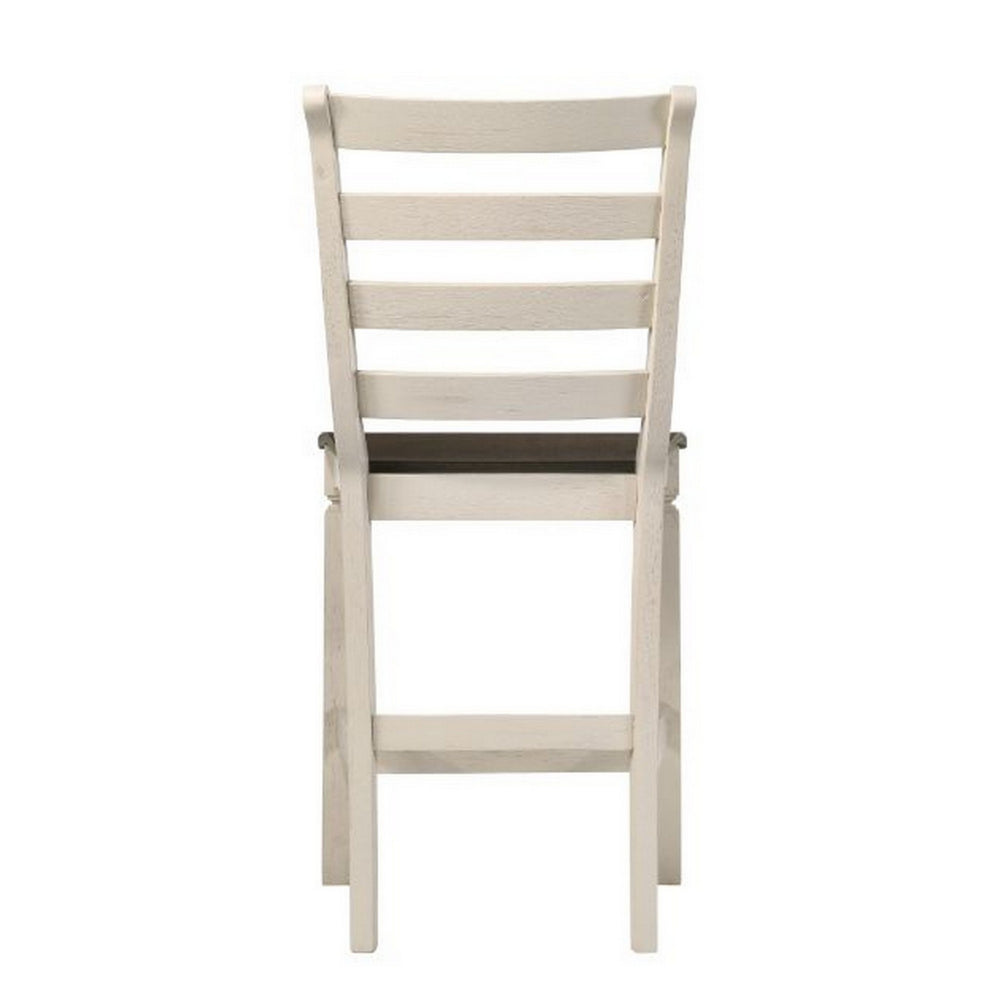 Benjara 24 Inch Counter Height Stool, Smooth Tan Cushion, Antique White Wood Frame