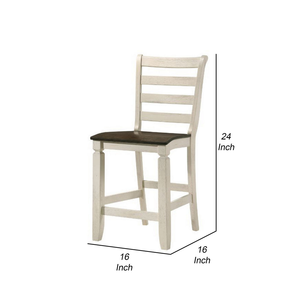 Benjara 24 Inch Counter Height Stool, Smooth Tan Cushion, Antique White Wood Frame