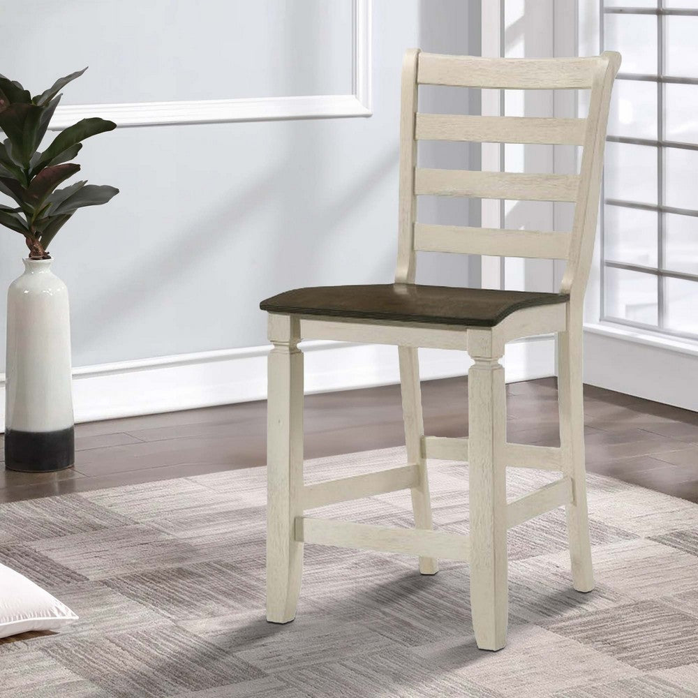 Benjara 24 Inch Counter Height Stool, Smooth Tan Cushion, Antique White Wood Frame