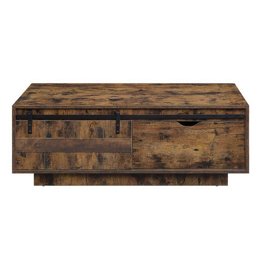 Benjara Rick 47 Inch Rustic Oak Coffee Table, Sliding Barn Door, Single Drawer