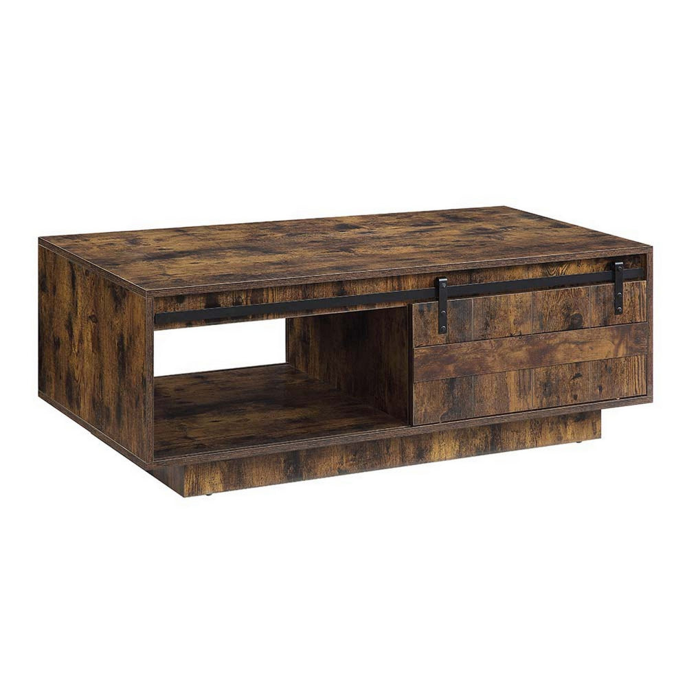 Benjara Rick 47 Inch Rustic Oak Coffee Table, Sliding Barn Door, Single Drawer
