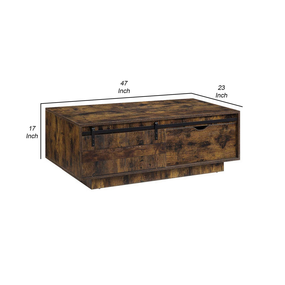 Benjara Rick 47 Inch Rustic Oak Coffee Table, Sliding Barn Door, Single Drawer