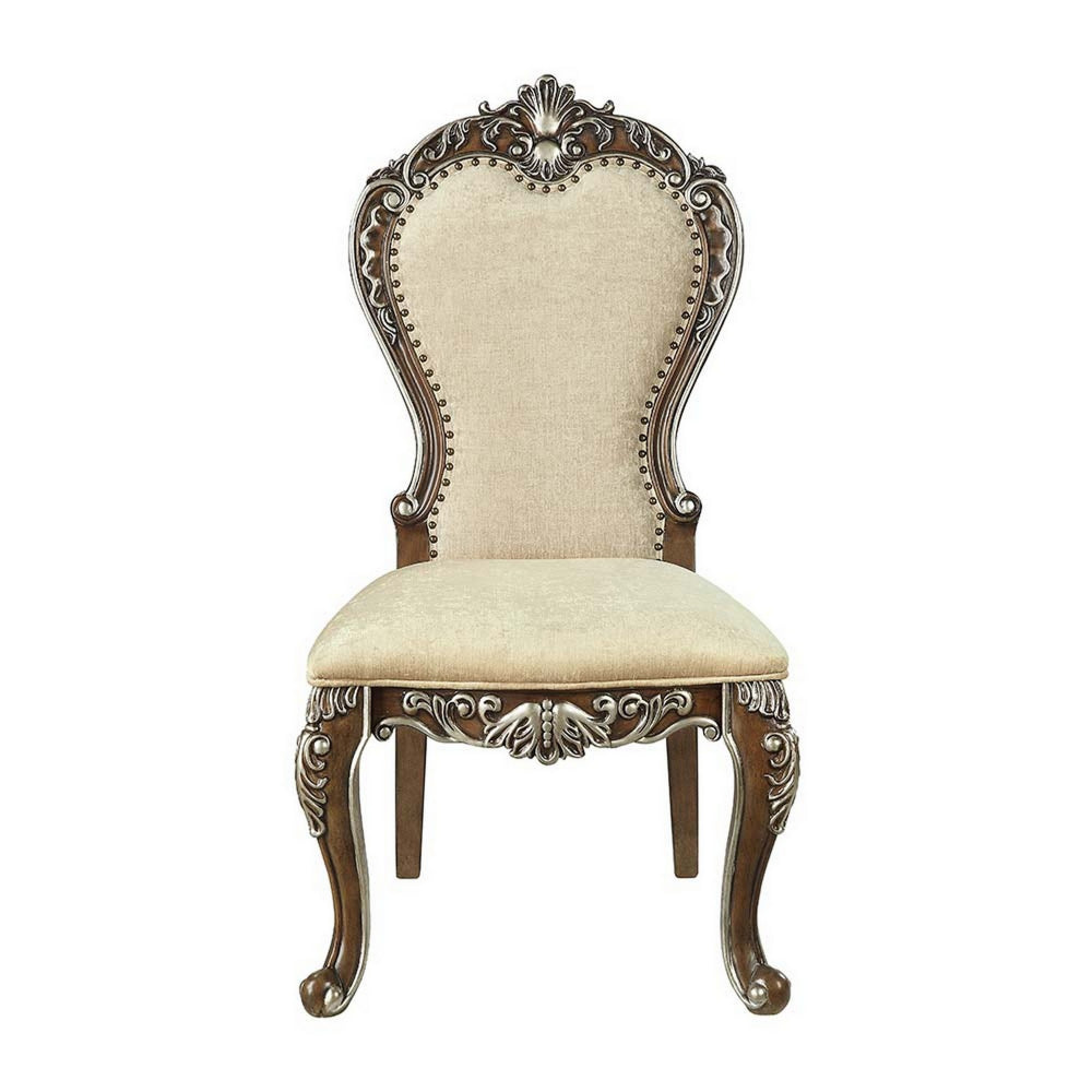 Benjara 24 Inch Side Dining Chair, Set of 2, Vintage Oak Brown, Beige Chenille