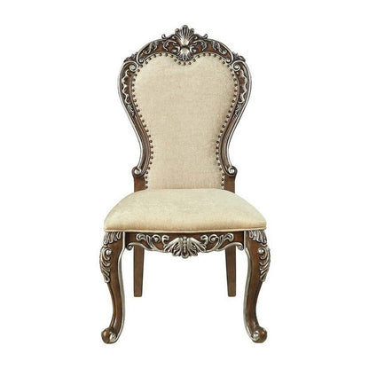 Benjara 24 Inch Side Dining Chair, Set of 2, Vintage Oak Brown, Beige Chenille
