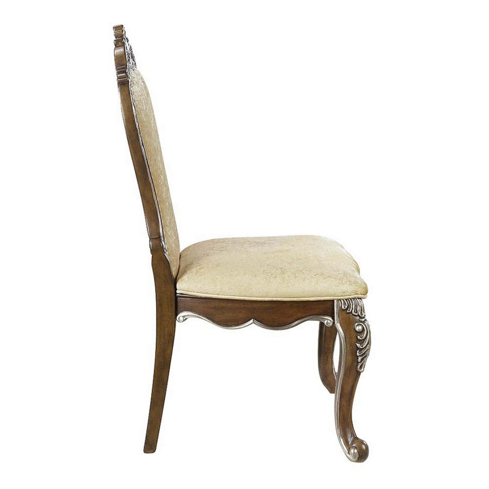 Benjara 24 Inch Side Dining Chair, Set of 2, Vintage Oak Brown, Beige Chenille