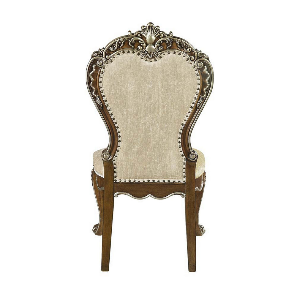 Benjara 24 Inch Side Dining Chair, Set of 2, Vintage Oak Brown, Beige Chenille