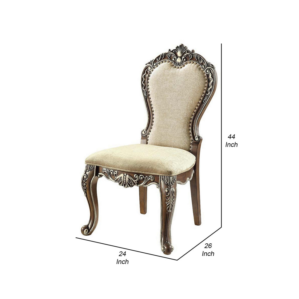 Benjara 24 Inch Side Dining Chair, Set of 2, Vintage Oak Brown, Beige Chenille