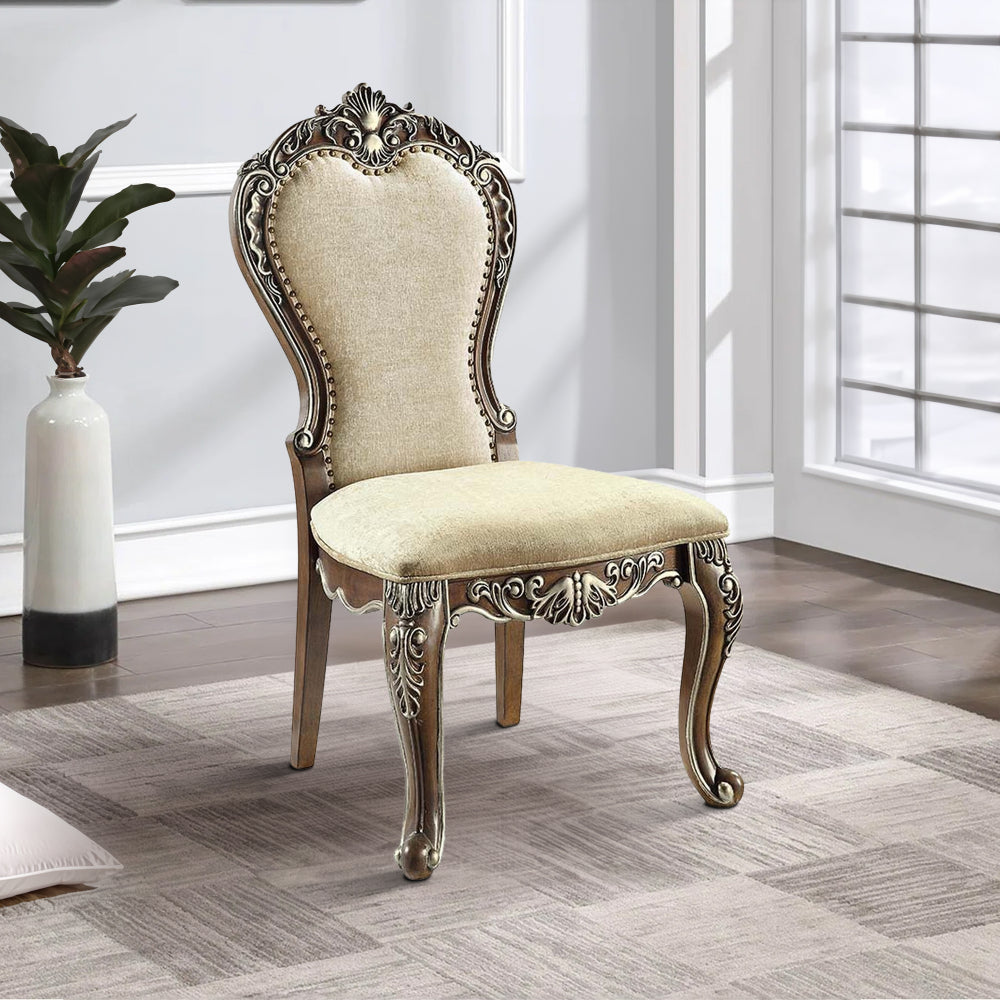 Benjara 24 Inch Side Dining Chair, Set of 2, Vintage Oak Brown, Beige Chenille