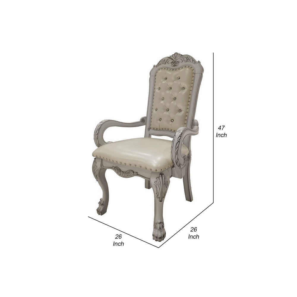 Benjara Aurora 26 Inch Tufted Dining Armchair, Set of 2, Faux Leather, Bone White