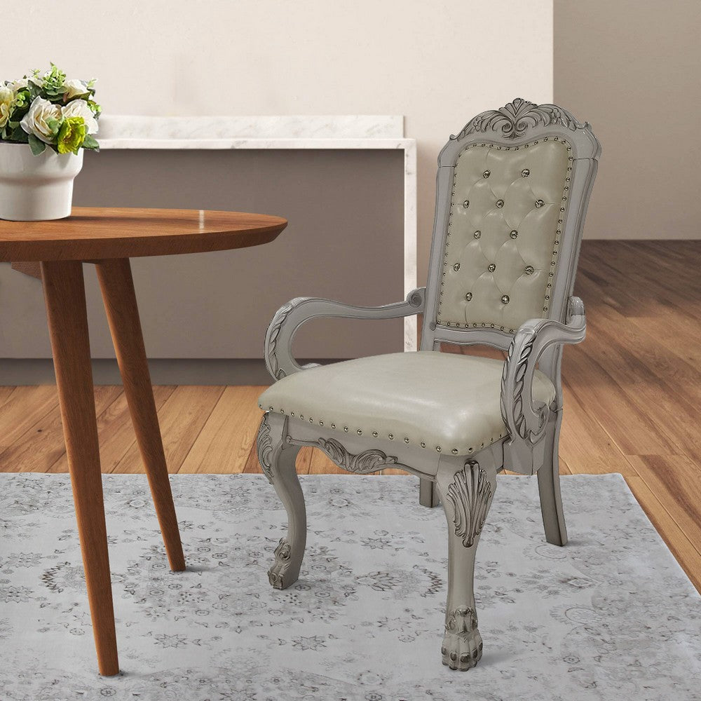 Benjara Aurora 26 Inch Tufted Dining Armchair, Set of 2, Faux Leather, Bone White