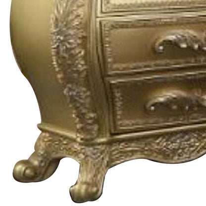 Benjara Vega 32 Inch Nightstand, 3 Drawers, Scrolled Elegant Gold Floral Motifs