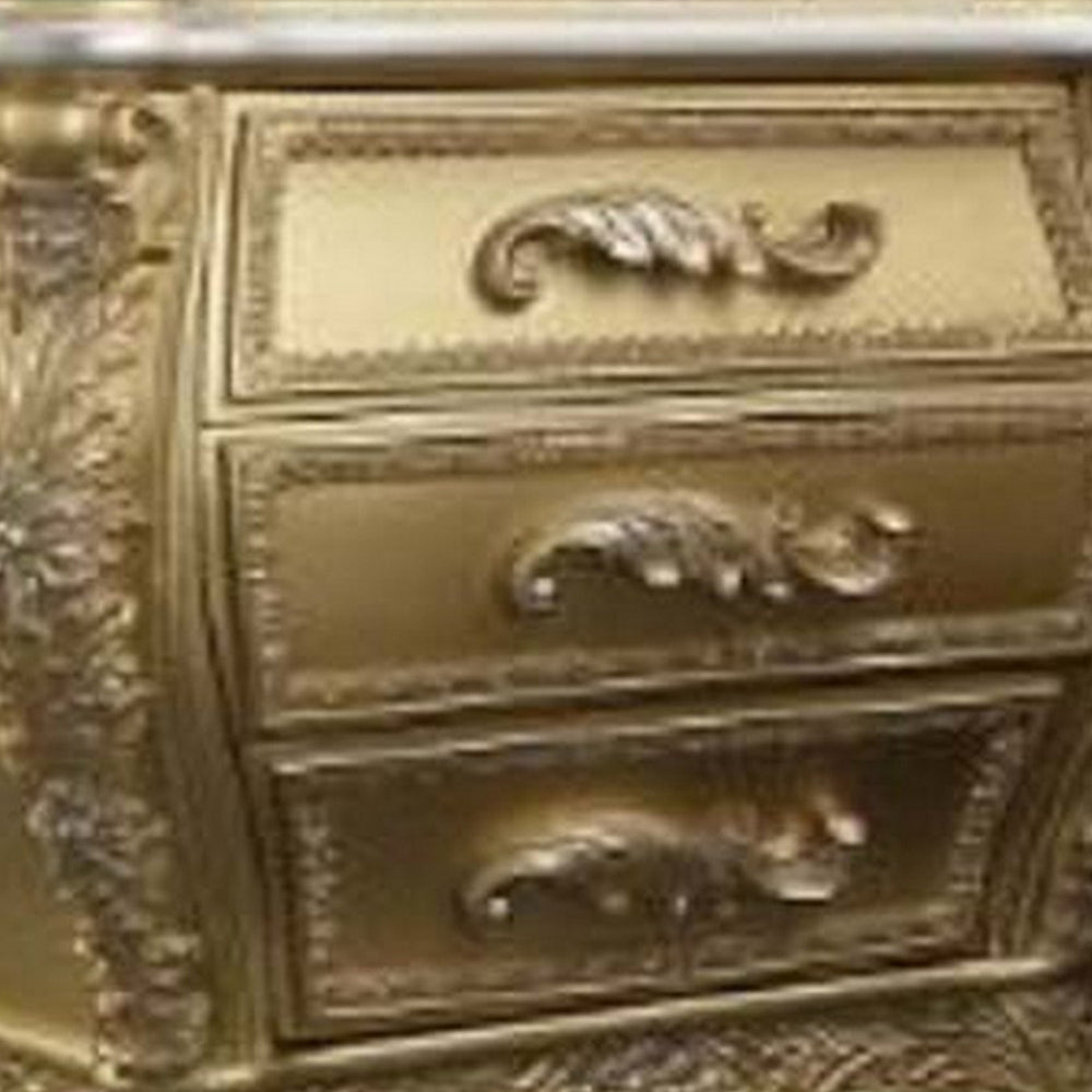 Benjara Vega 32 Inch Nightstand, 3 Drawers, Scrolled Elegant Gold Floral Motifs