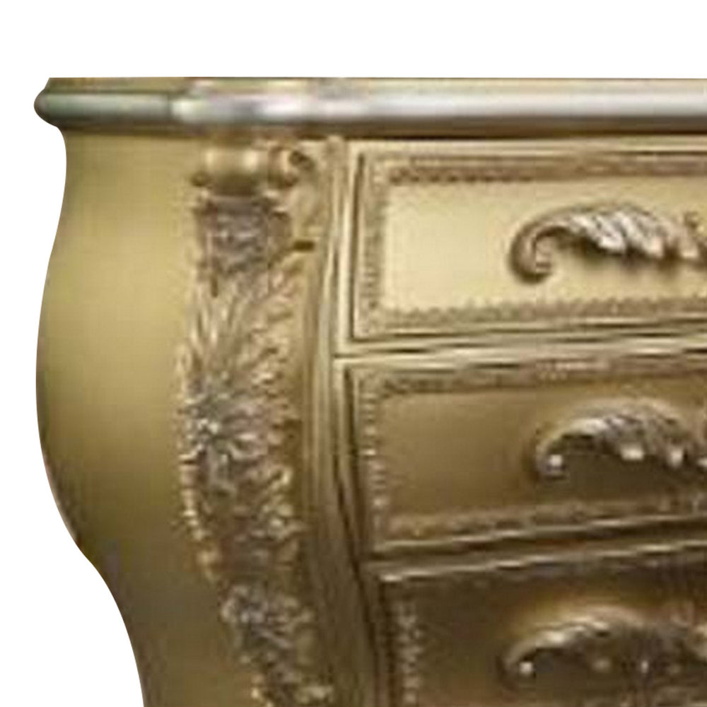 Benjara Vega 32 Inch Nightstand, 3 Drawers, Scrolled Elegant Gold Floral Motifs