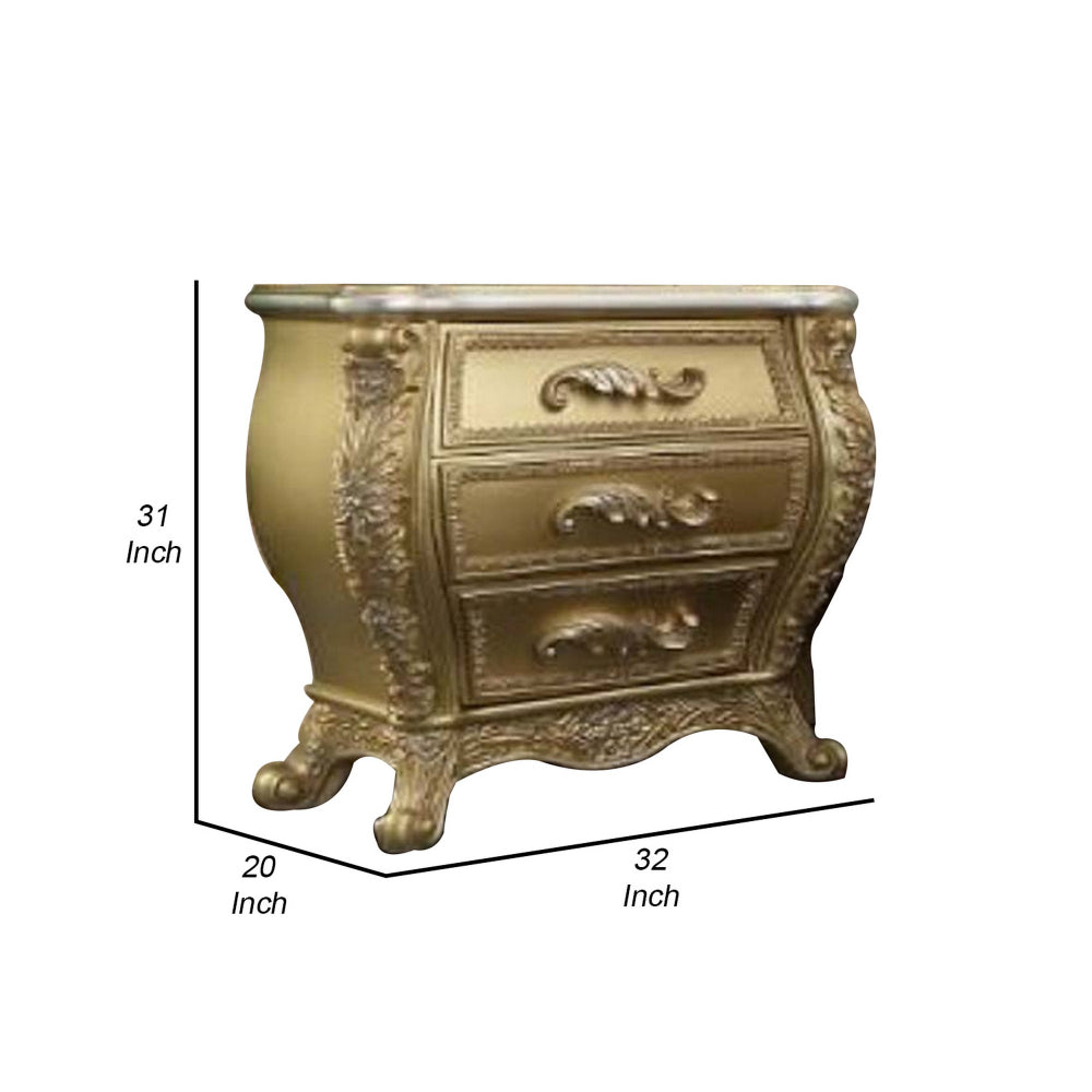 Benjara Vega 32 Inch Nightstand, 3 Drawers, Scrolled Elegant Gold Floral Motifs