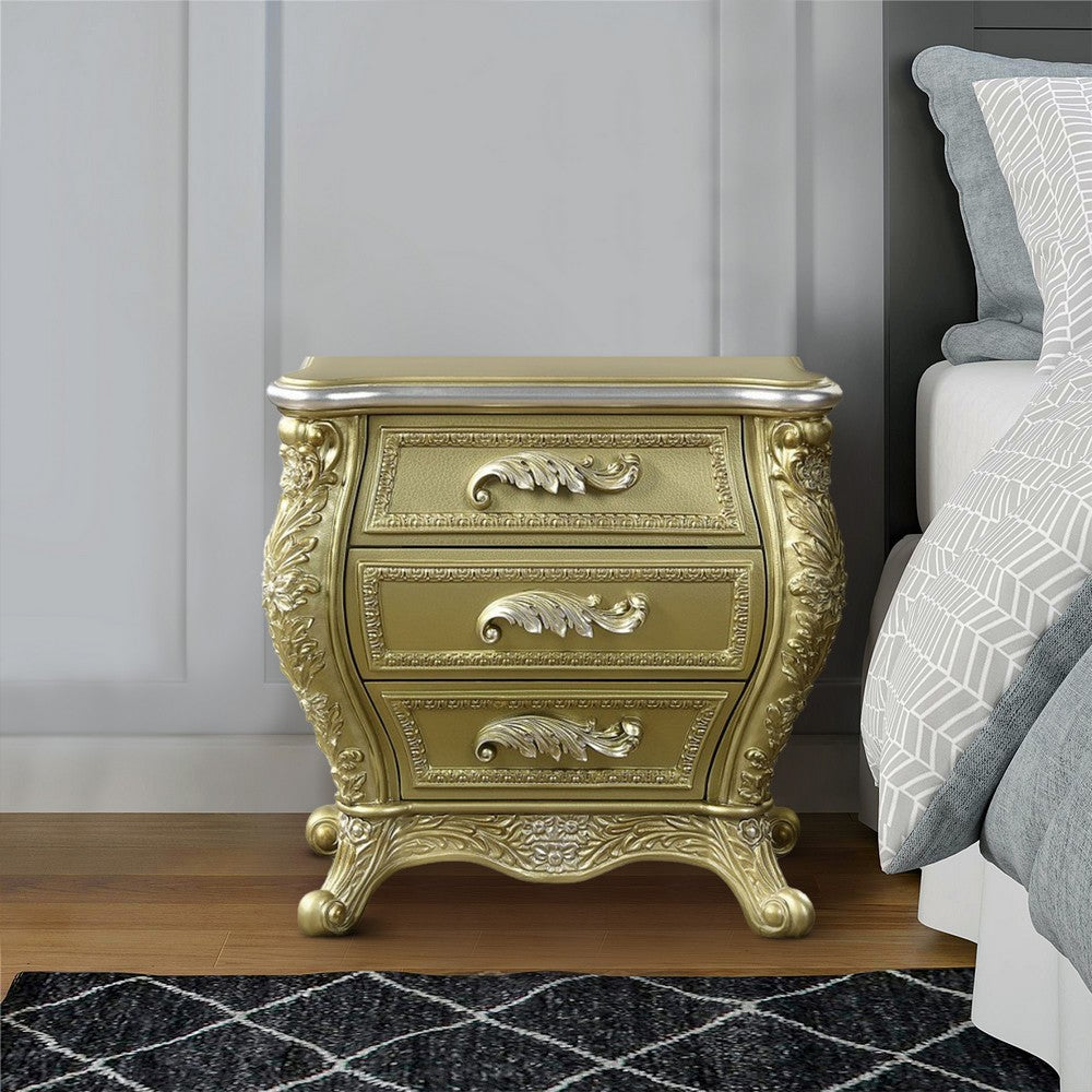 Benjara Vega 32 Inch Nightstand, 3 Drawers, Scrolled Elegant Gold Floral Motifs