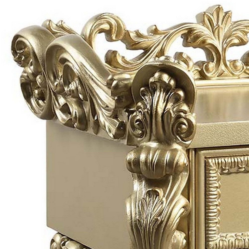 Benjara Altair 36 Inch Luxury Nightstand, 1 Drawer, Scrolled Motifs, Gold Finish