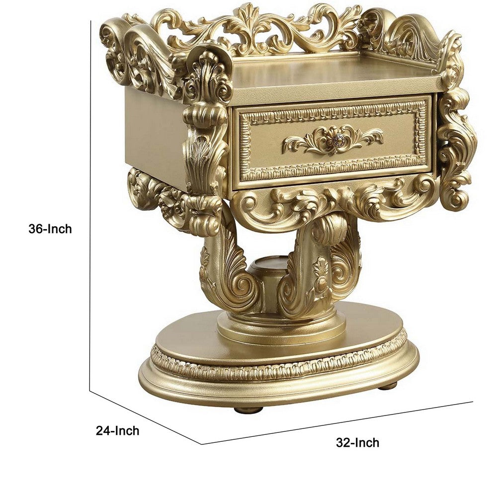 Benjara Altair 36 Inch Luxury Nightstand, 1 Drawer, Scrolled Motifs, Gold Finish