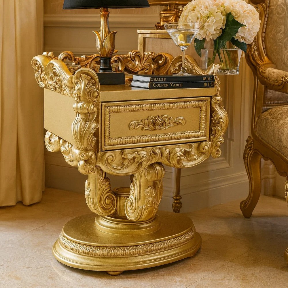 Benjara Altair 36 Inch Luxury Nightstand, 1 Drawer, Scrolled Motifs, Gold Finish