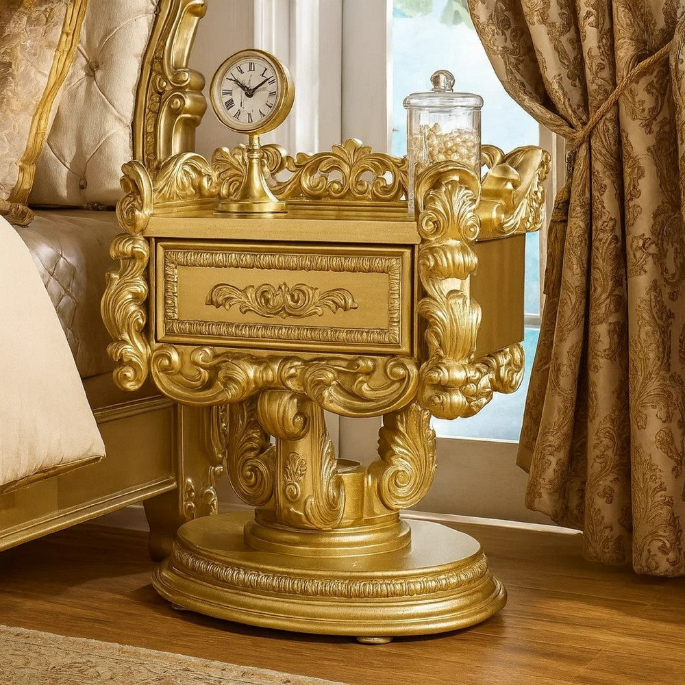 Benjara Altair 36 Inch Luxury Nightstand, 1 Drawer, Scrolled Motifs, Gold Finish