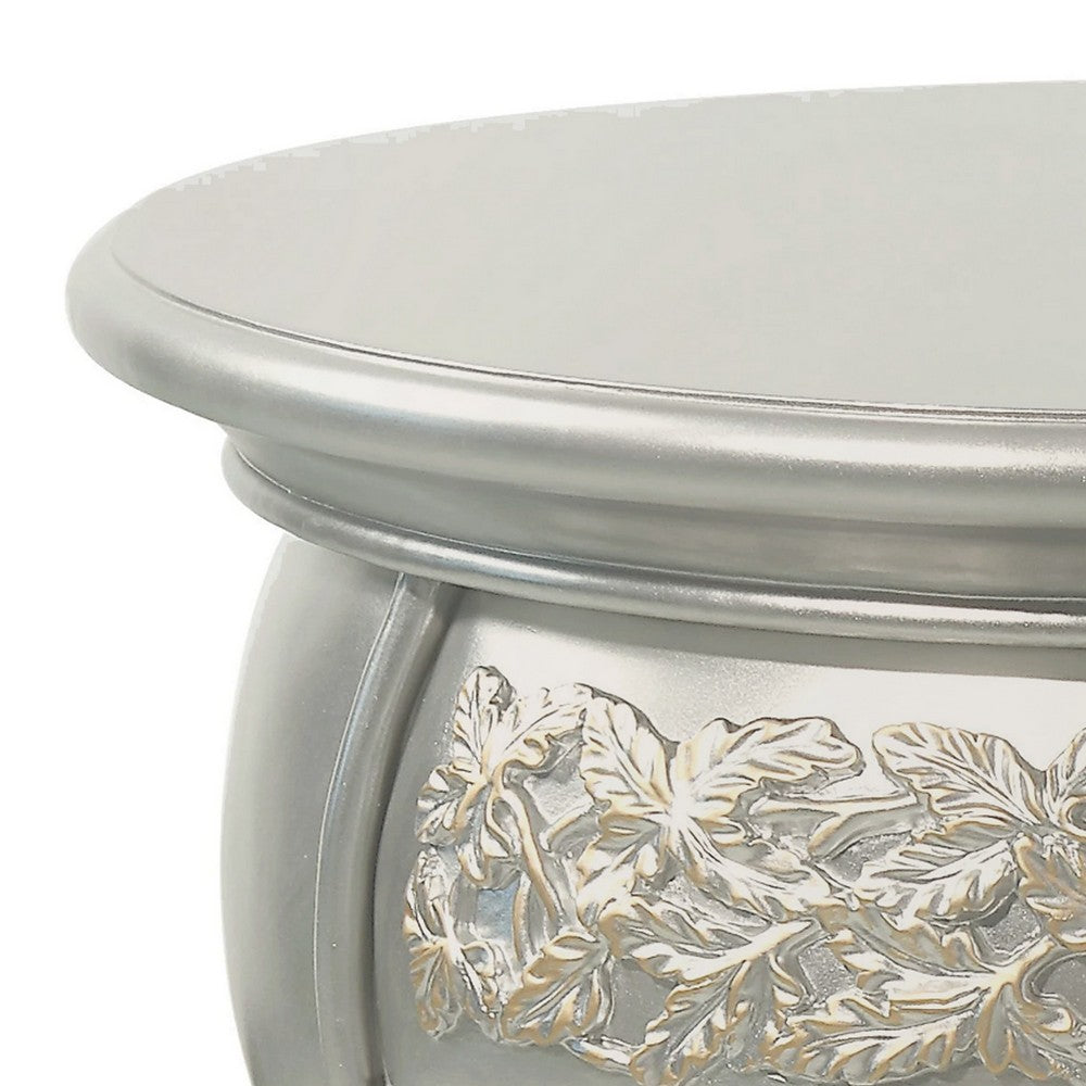 Benjara Deneb 30 Inch Luxury Round Nightstand, Gold Floral Motifs, Vintage Silver