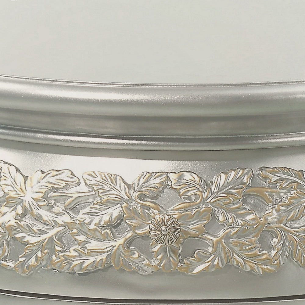 Benjara Deneb 30 Inch Luxury Round Nightstand, Gold Floral Motifs, Vintage Silver