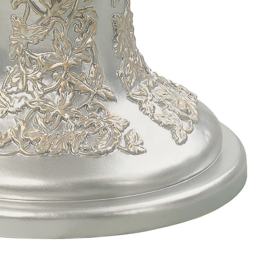 Benjara Deneb 30 Inch Luxury Round Nightstand, Gold Floral Motifs, Vintage Silver