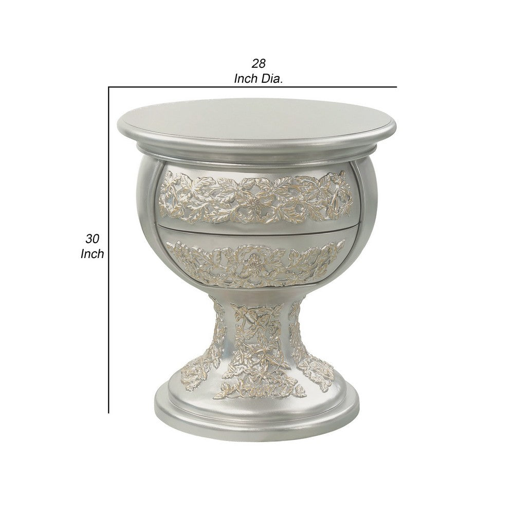 Benjara Deneb 30 Inch Luxury Round Nightstand, Gold Floral Motifs, Vintage Silver