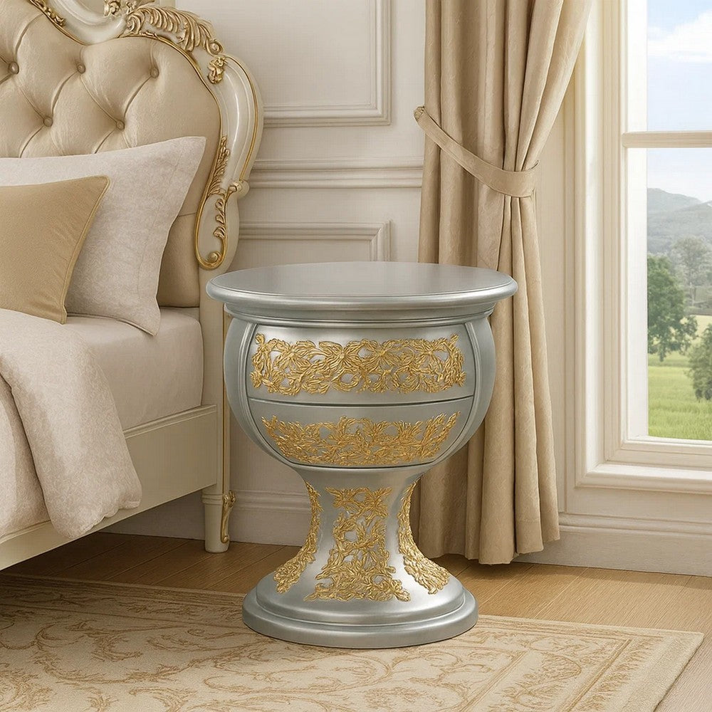 Benjara Deneb 30 Inch Luxury Round Nightstand, Gold Floral Motifs, Vintage Silver