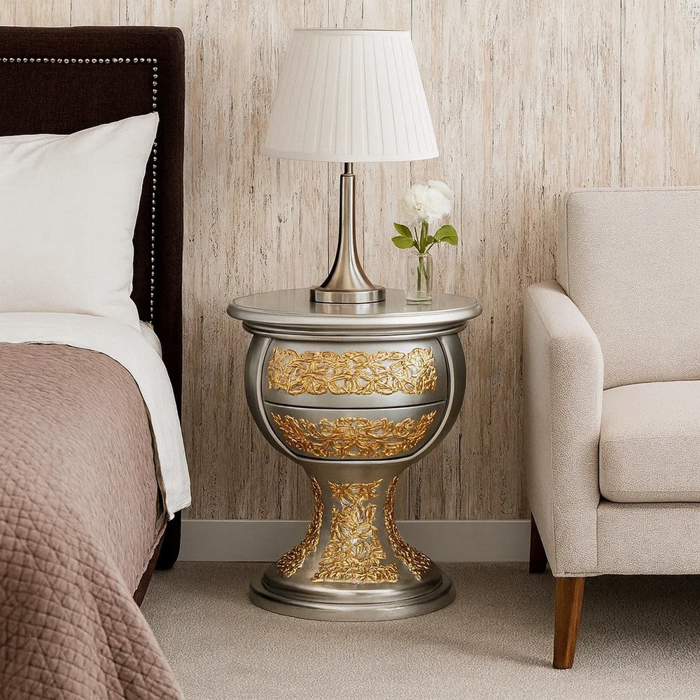 Benjara Deneb 30 Inch Luxury Round Nightstand, Gold Floral Motifs, Vintage Silver